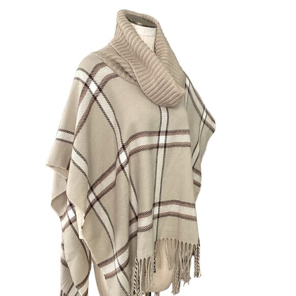 APT 9 Plaid Poncho Ribbed Knit Cowl Neck Fringed Hem One Size Beige 219C - Picture 2 of 7